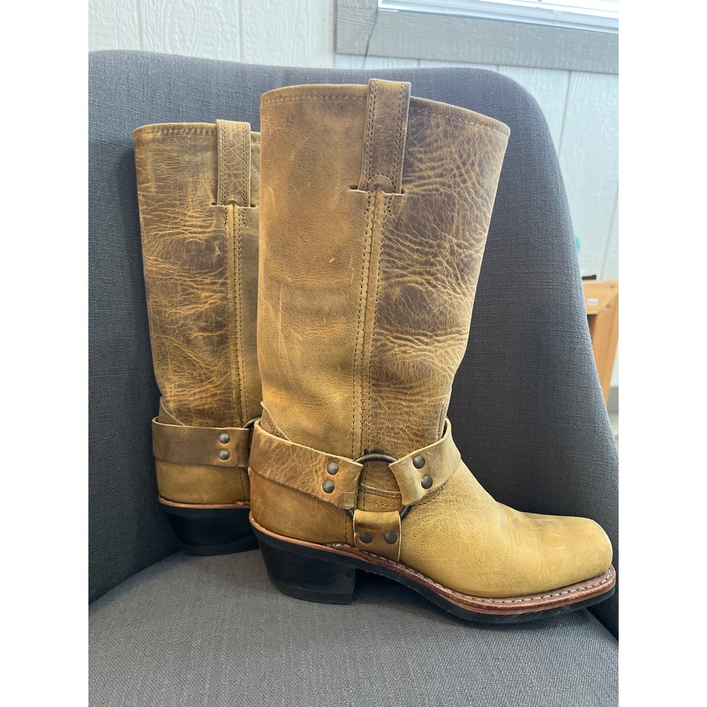 Frye Womens‎ Tan Leather Harness Motorcycle Biker Boots Square Toe Chunky Heel